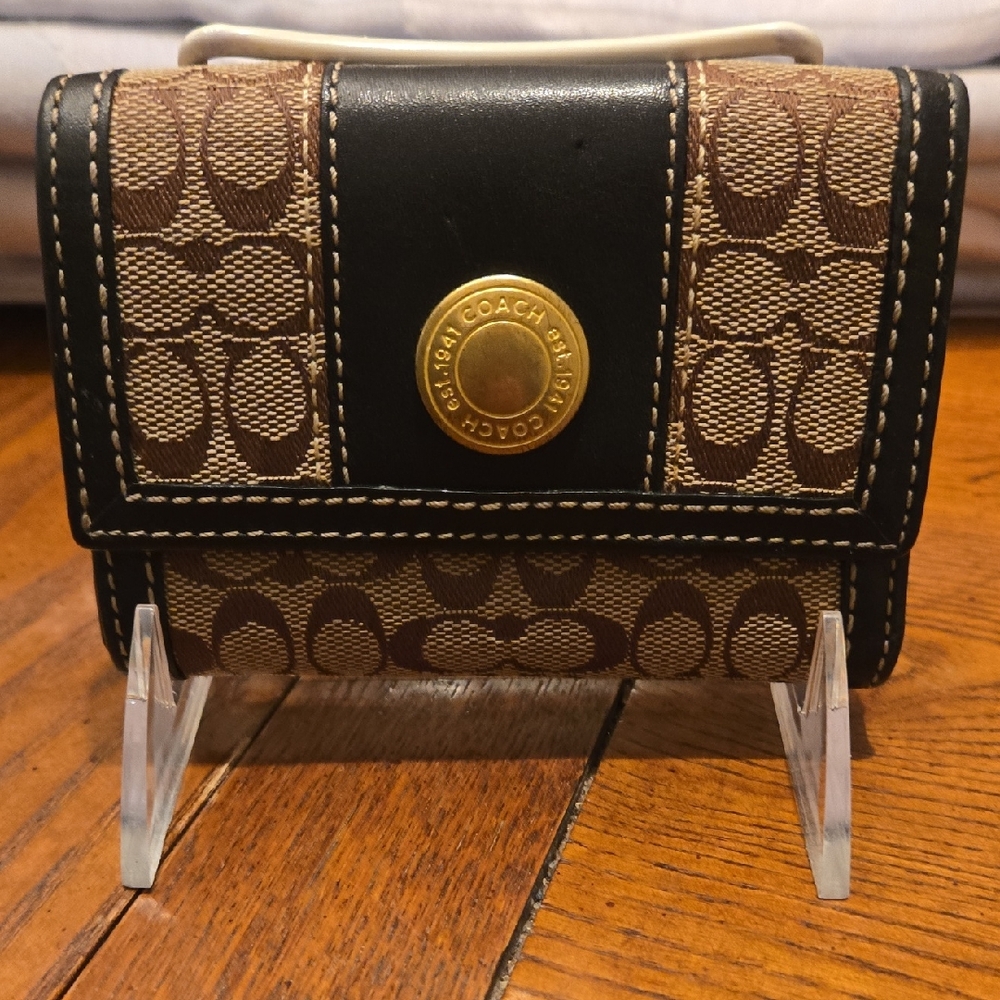 Coach Vintage Soho Signature Jacquard Leather Trim Trifold Wallet Brown